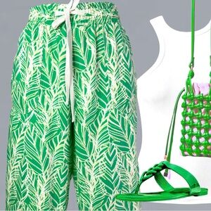 Geometric Leaf Print Linen Drawstring Pants -